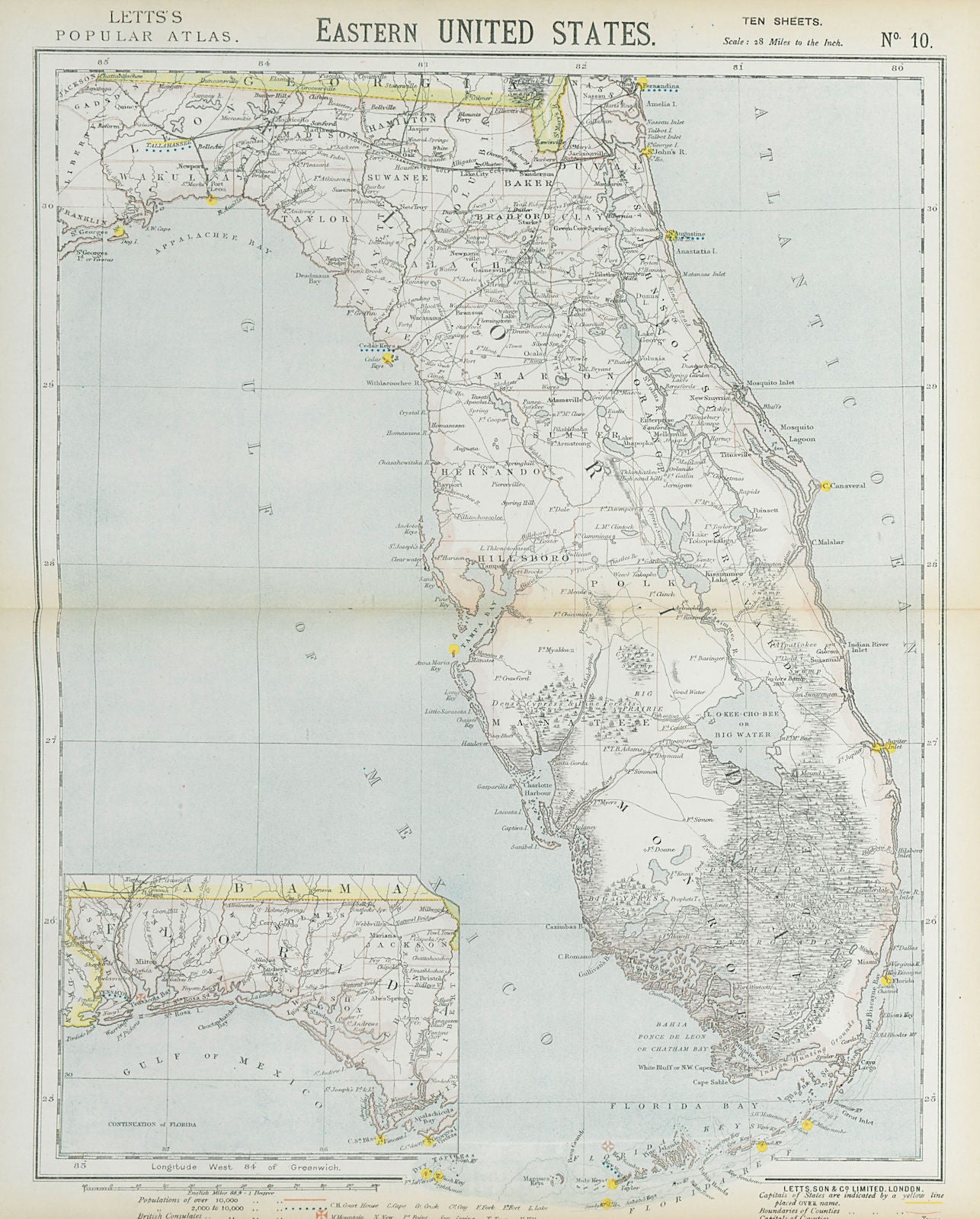 FLORIDA railroads lighthouses forts. Miami Tampa Fort Lauderdale. LETTS 1883 map